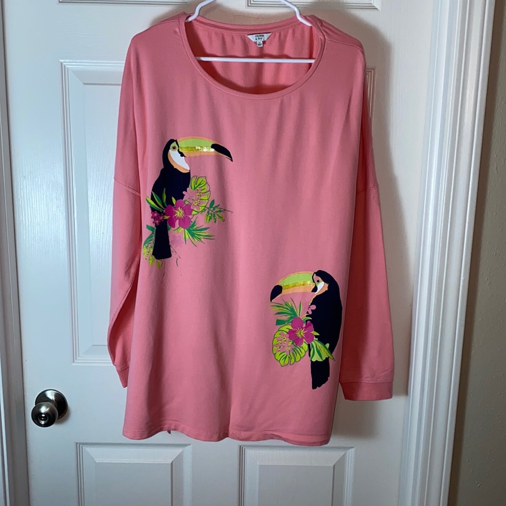 Toucan Bird Floral Long Sleeve Top Cotton Modal Elastane Blend XL
